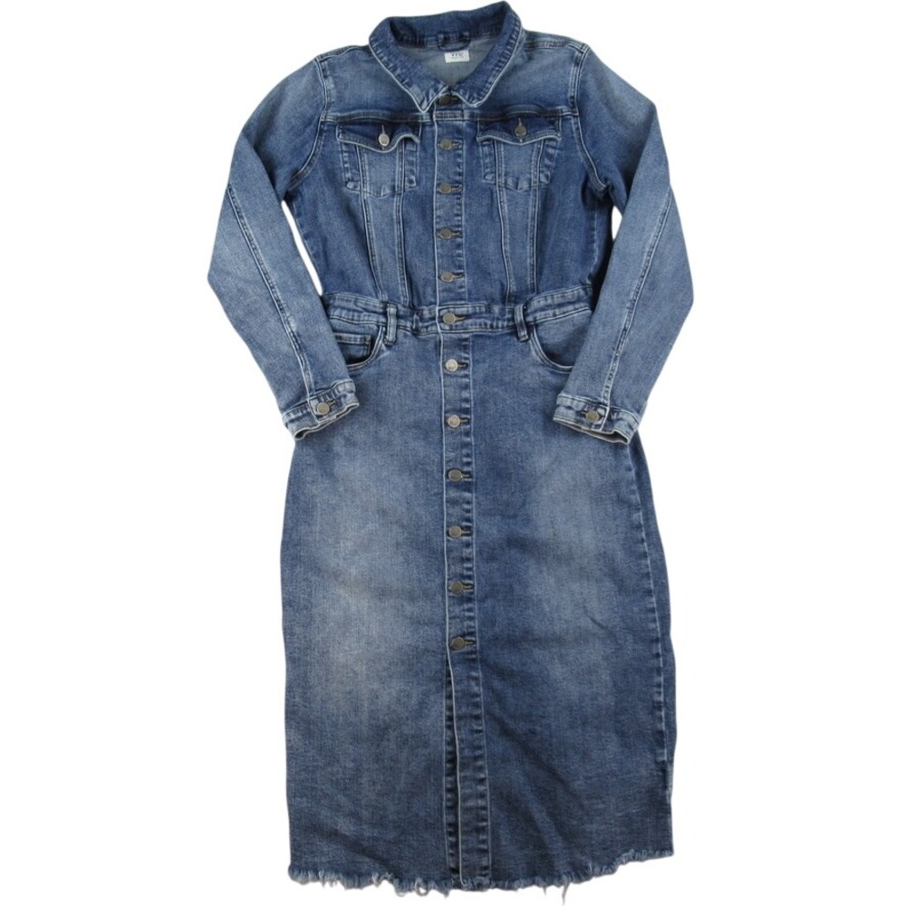 Wash Lab Denim Midi Dress Blue Button Front Long Sleeve WL0438D-1 Size M